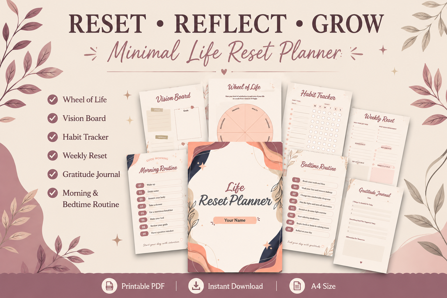 Minimal Life Reset Planner | Aesthetic Self-Care & Productivity Printable